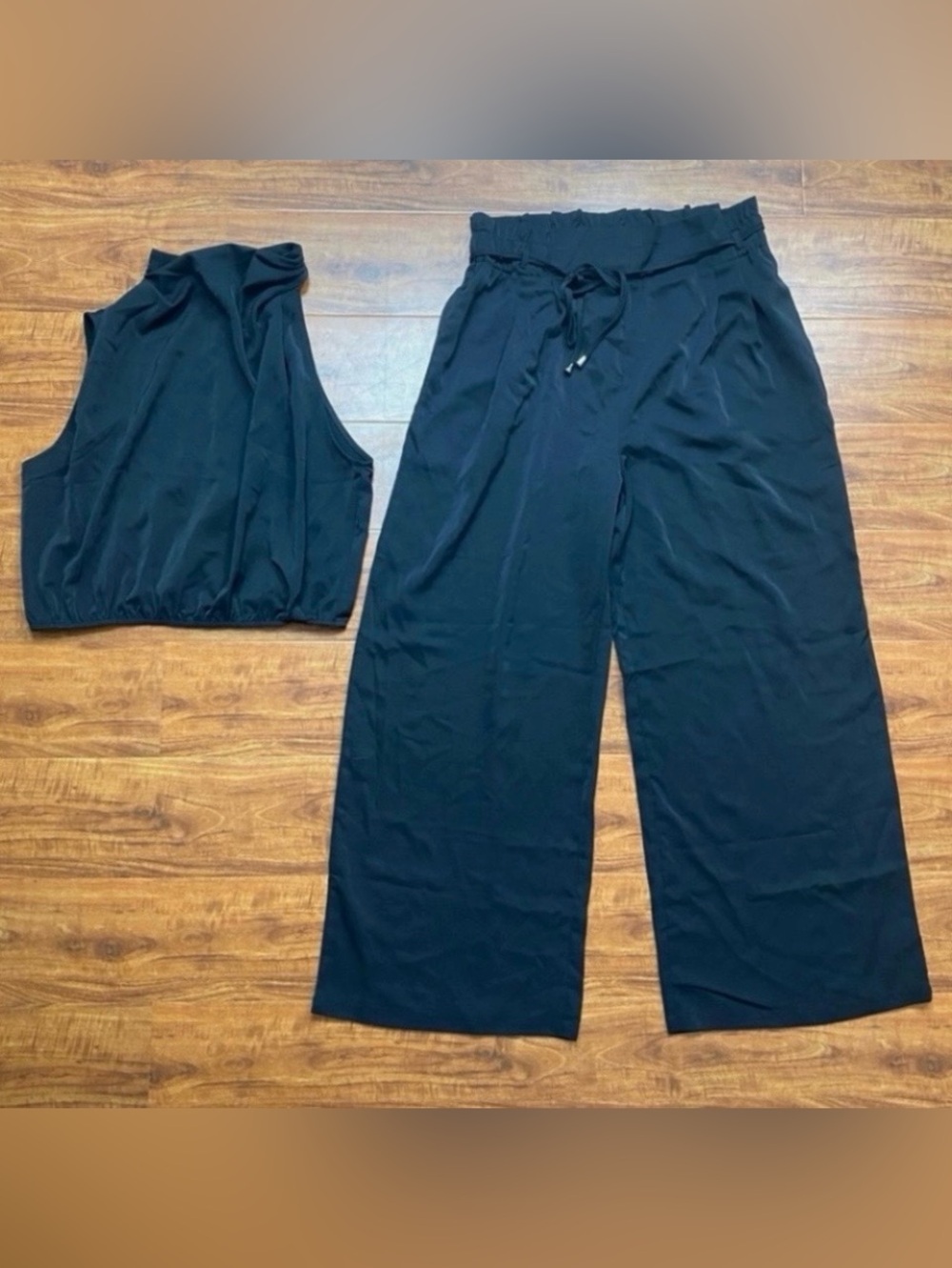 New PrettyGarden Black High Neck Sleeveless Top + Wide Leg Paperbag Pant Size L
